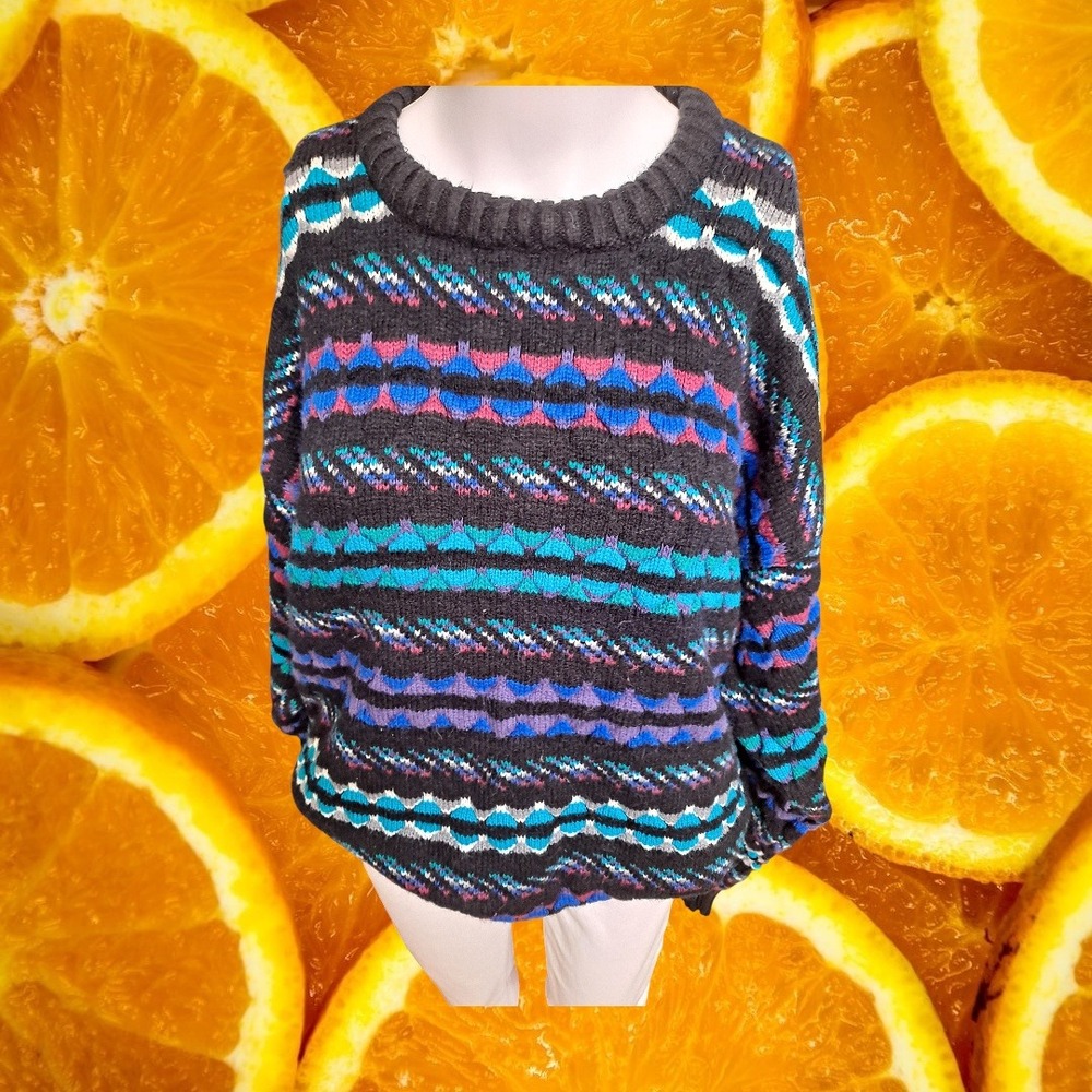 Vintage Expressions Geometric Knit Sweater Womens Large Black Blue 90s Pullover